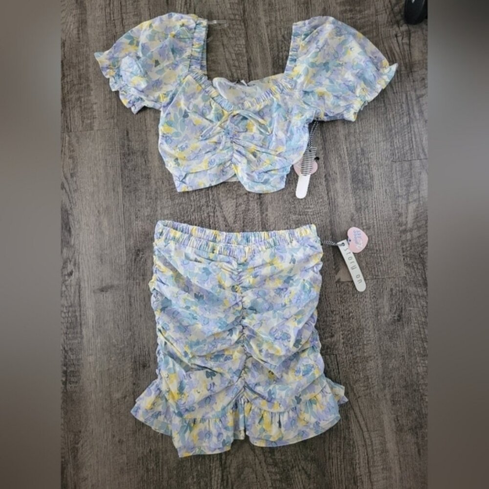 Story On Yellow and Blue Floral Blouse Top and Skirt Set